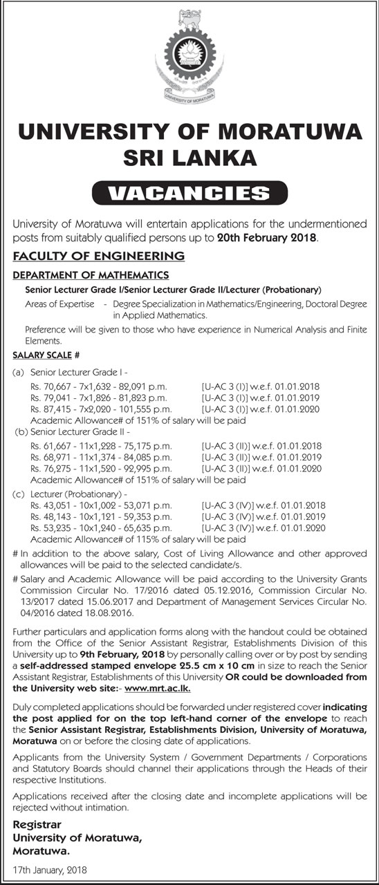 Senior Lecturer, Lecturer - Faculty of Engineering - University of Moratuwa